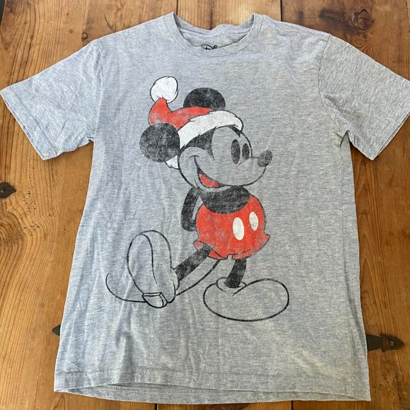 Disney Mickey Mouse Santa Christmas Front & Back Gray T Shirt Size Small - Picture 1 of 7
